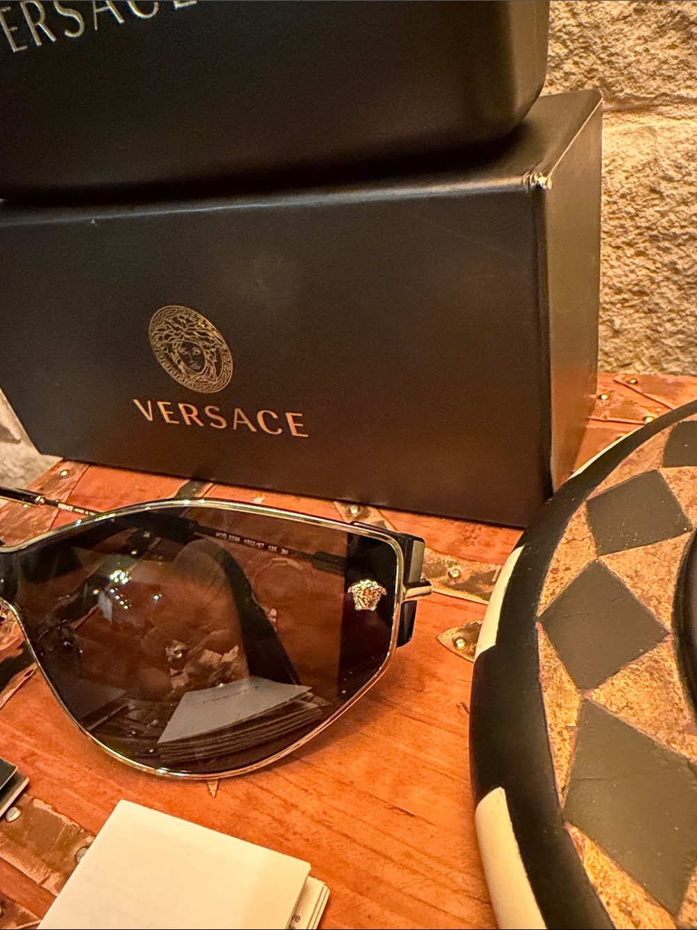 Versace Black Shield Sunglasses with Gold Trim ⭐️ GORGEOUS - Picture 5 of 13